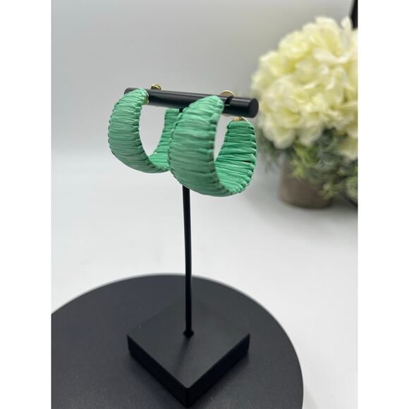Shashi Designer Naija Raffia Wrapped Green Gold Plated Hoop Earrings - Picture 4 of 8